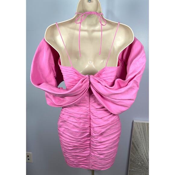 RASARIO Bow Embellished Draped Off the Shoulder Pink Linen Mini Dress Size 2 - Picture 9 of 13